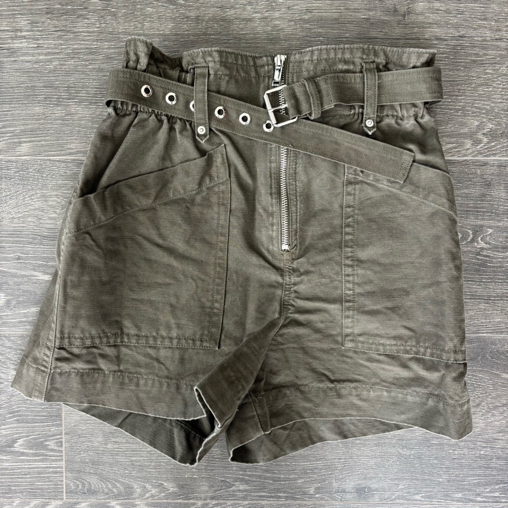 Banana Republic High-Waisted paper Bag Waist Shorts in Olive